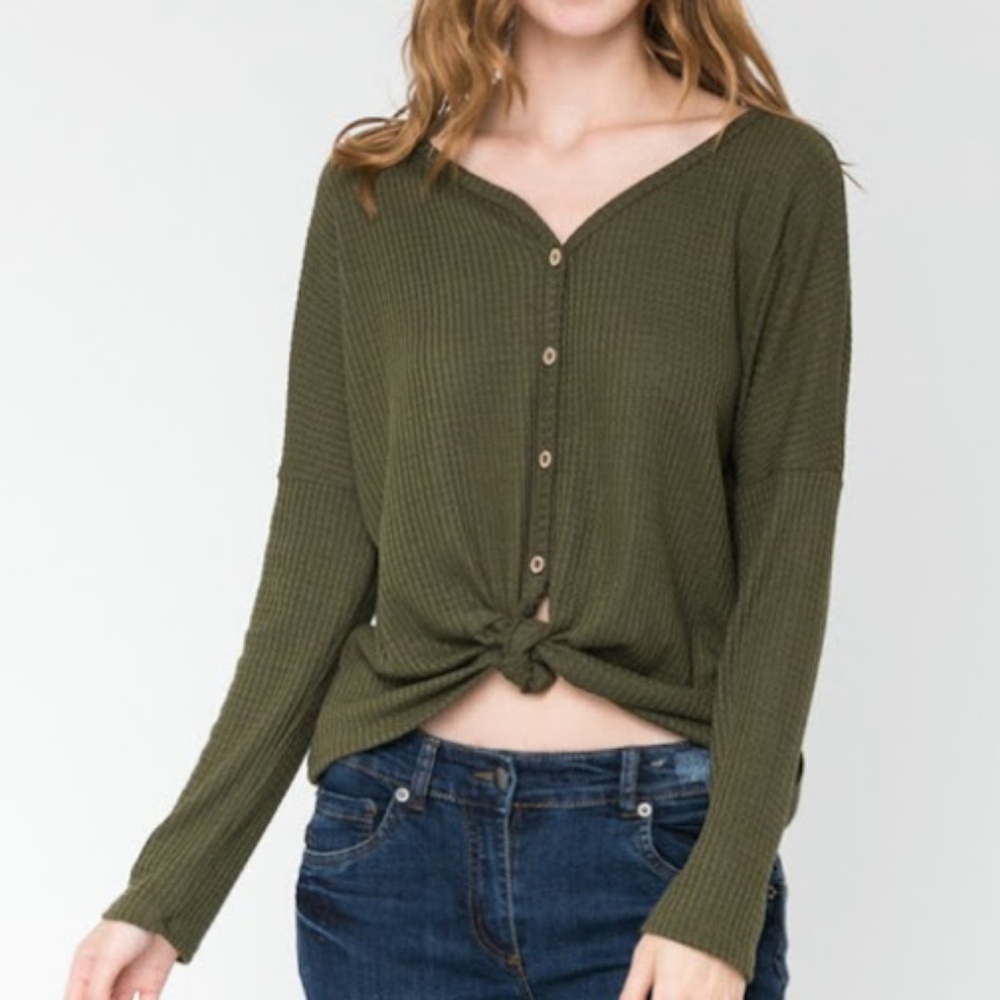 NWT Olive Green Waffle Button Down Long Sleeve - Picture 3 of 4